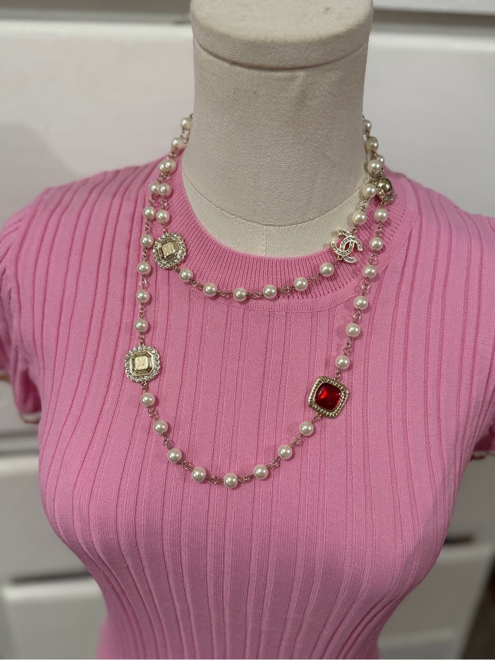 Chanel 1992 Pearl Station Long Necklace in White and Gold with Red Accent